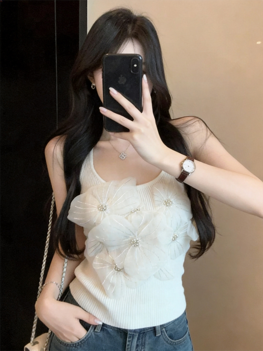 French Sweet 3D Floral Beaded Camisole Slim Backless Ice Silk Sleeveless Top - Style a59e6a