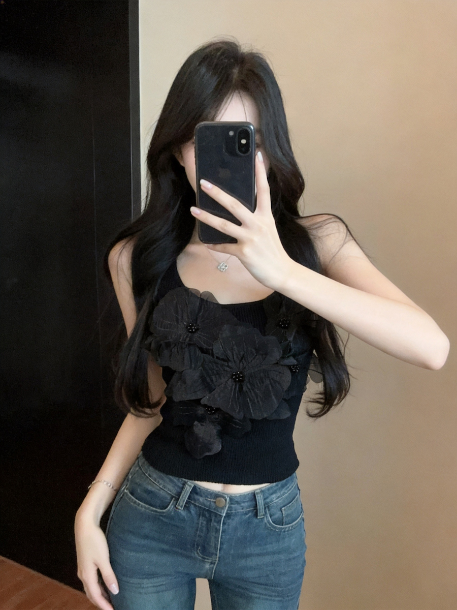 French Sweet 3D Floral Beaded Camisole Slim Backless Ice Silk Sleeveless Top - Style a59e6a - Image 4