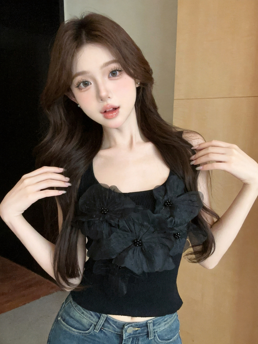French Sweet 3D Floral Beaded Camisole Slim Backless Ice Silk Sleeveless Top - Style a59e6a - Image 2