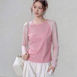 Raspberry Pink Color Block Sun Protection Slim Fit Raglan Long Sleeve T-Shirt for Women 2026 Early Autumn French Style Elegant Top