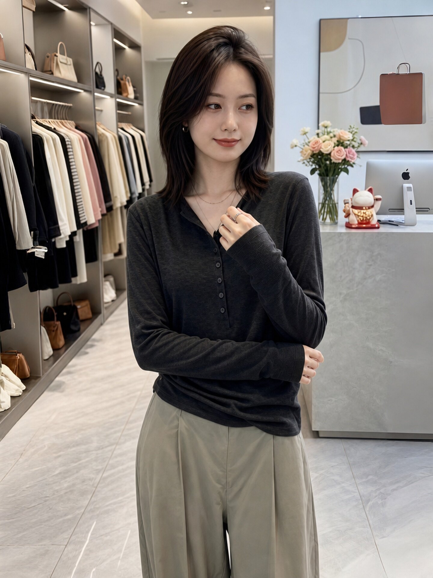 Dark Gray Button Long Sleeve Slim Fit T-Shirt Women's Early Autumn 2026 V-Neck Top - Image 2