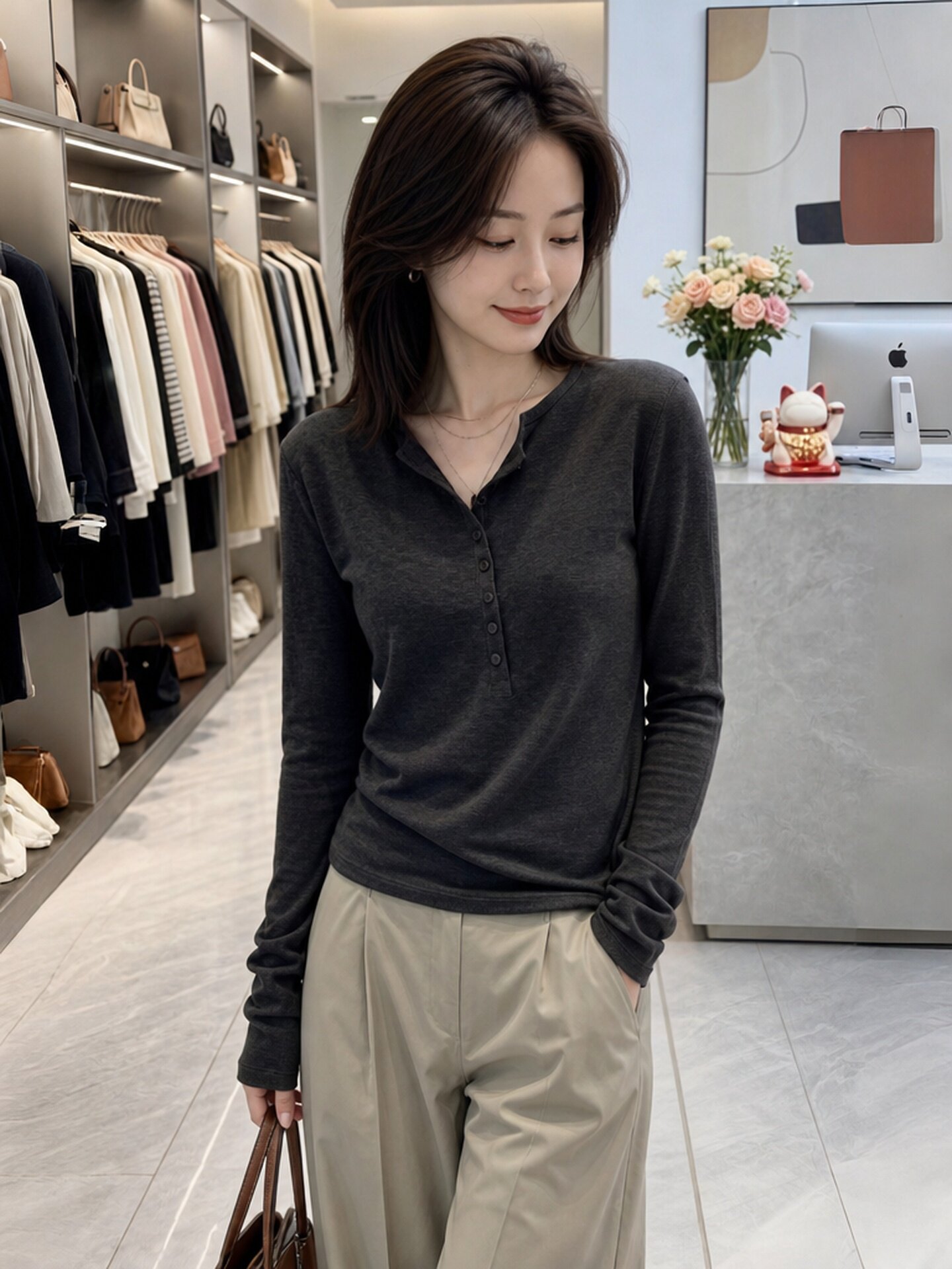 Dark Gray Button Long Sleeve Slim Fit T-Shirt Women's Early Autumn 2026 V-Neck Top - Image 3