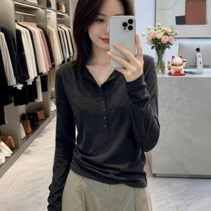 Dark Gray Button Long Sleeve Slim Fit T-Shirt Women's Early Autumn 2026 V-Neck Top
