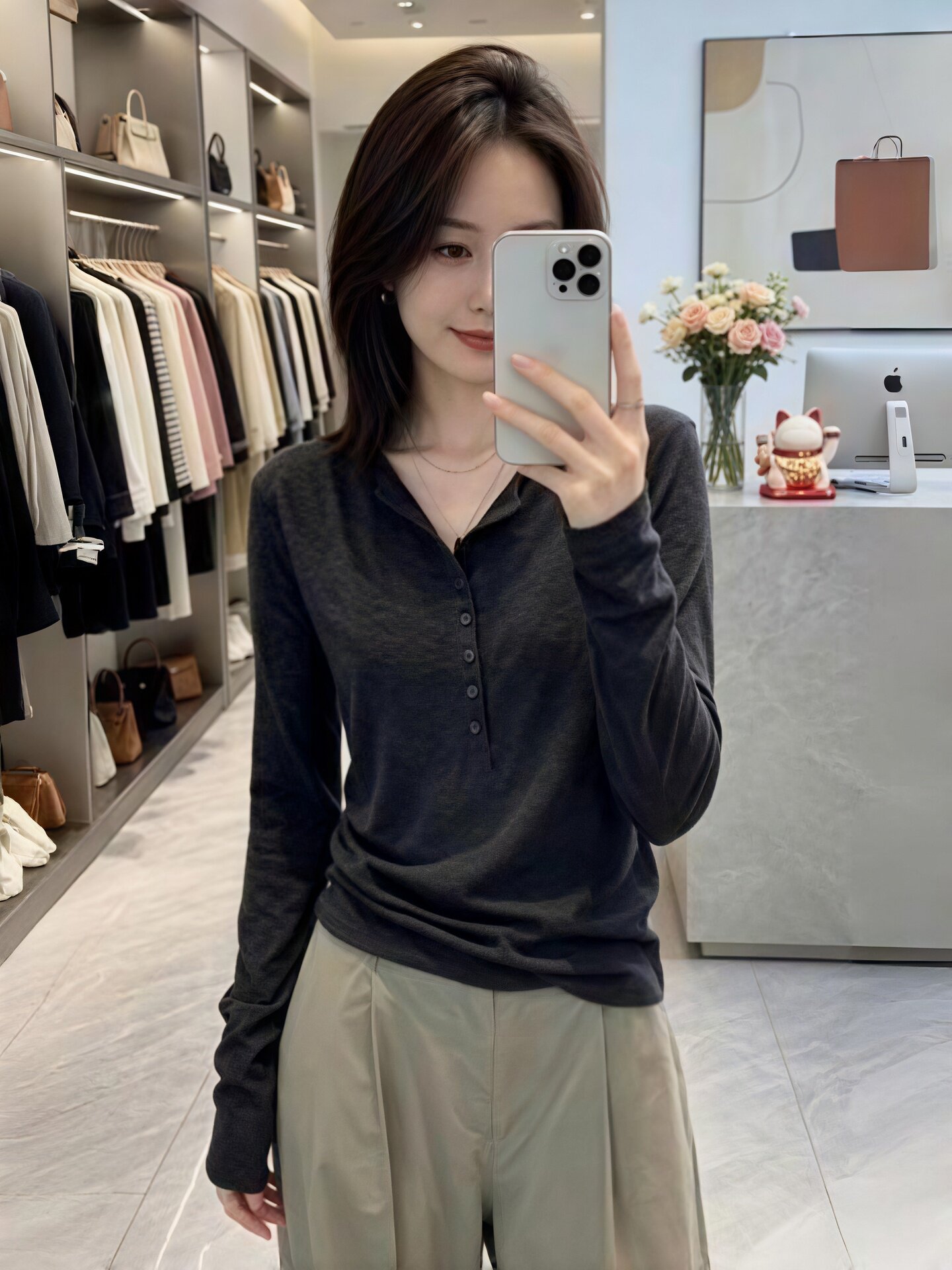 Dark Gray Button Long Sleeve Slim Fit T-Shirt Women's Early Autumn 2026 V-Neck Top