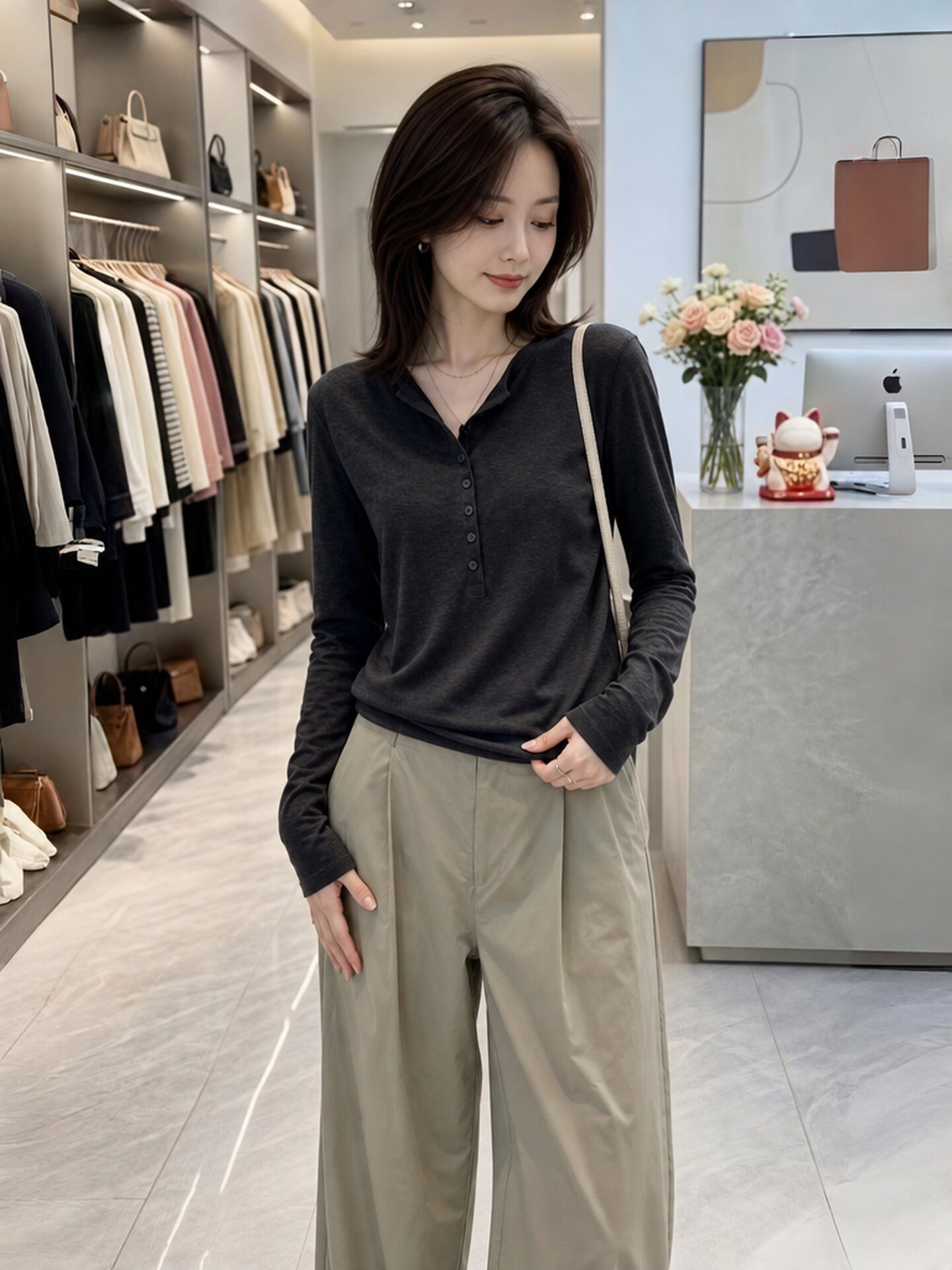 Dark Gray Button Long Sleeve Slim Fit T-Shirt Women's Early Autumn 2026 V-Neck Top - Image 4