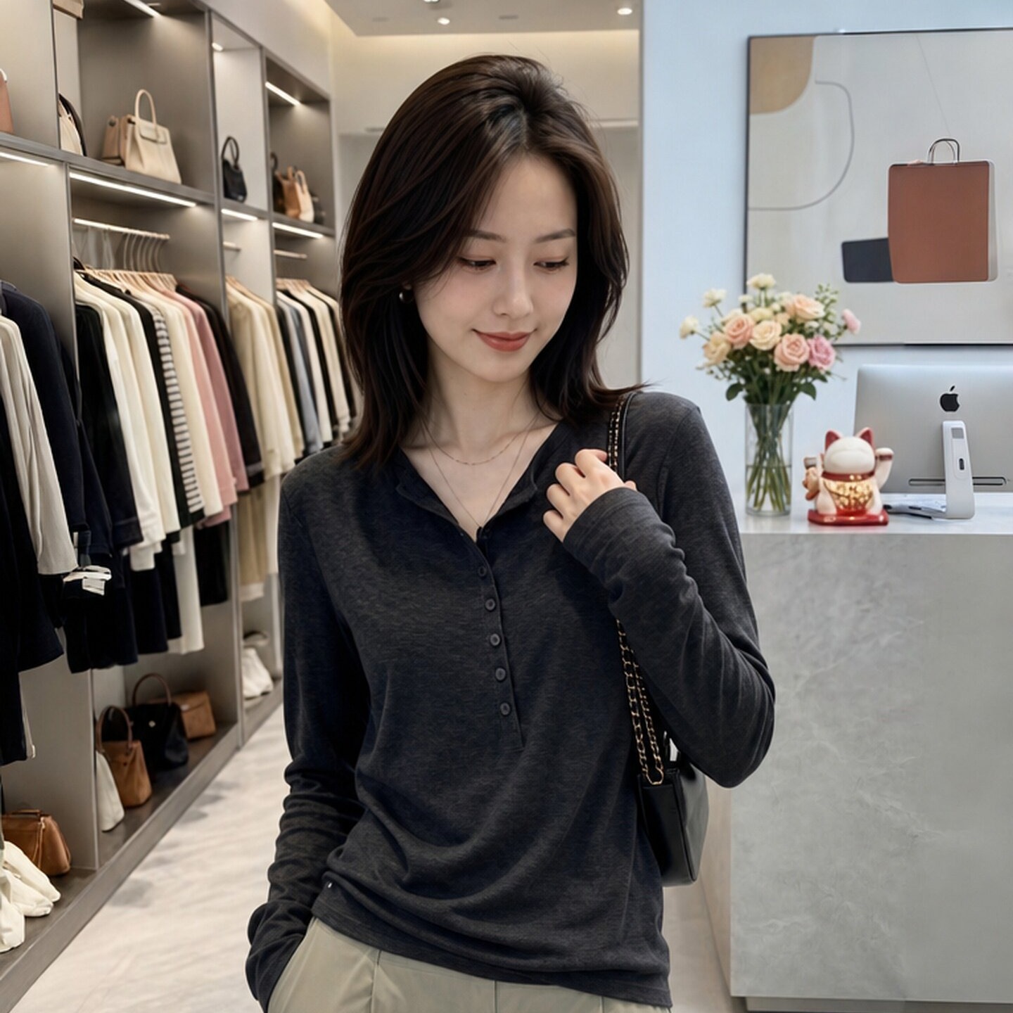 Dark Gray Button Long Sleeve Slim Fit T-Shirt Women's Early Autumn 2026 V-Neck Top - Image 5