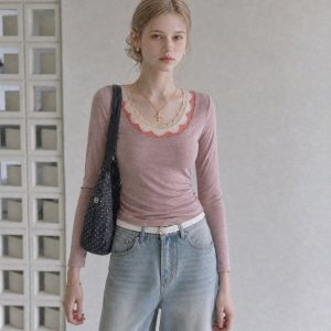 Pink Purple Long Sleeve U Neck Lace T Shirt Women Early Autumn 2026 New
